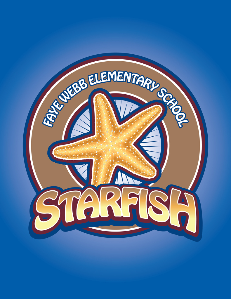Blue background features circular logo with "Faye Webb Elementary School" text around a yellow starfish. "STARFISH" is written in bold yellow.