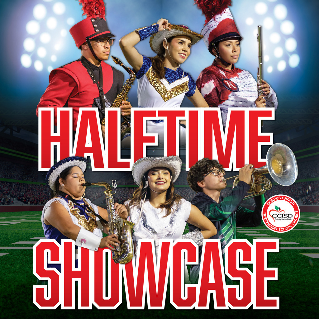 Five young musicians in hats and uniforms on a field with stadium lights. Text reads "Halftime Showcase".