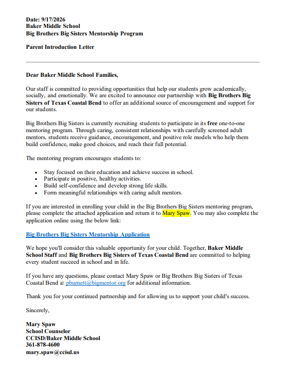 Document with blue text reads "Parent Introduction Letter" at the top, detailing a partnership with Big Brothers Big Sisters for mentoring.