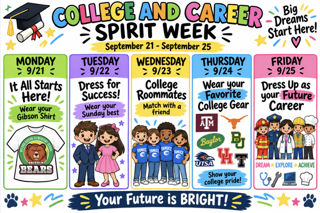 A poster for Spirit Week from September 21 to 25. Sections include Monday through Friday with specific dress codes.