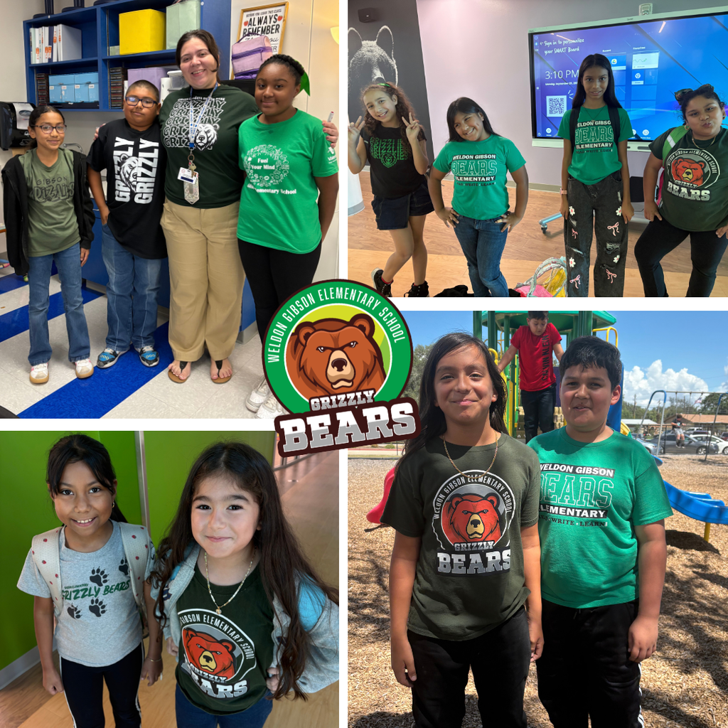 Collage of children in green shirts. They pose indoors and outdoors, standing together and individually.