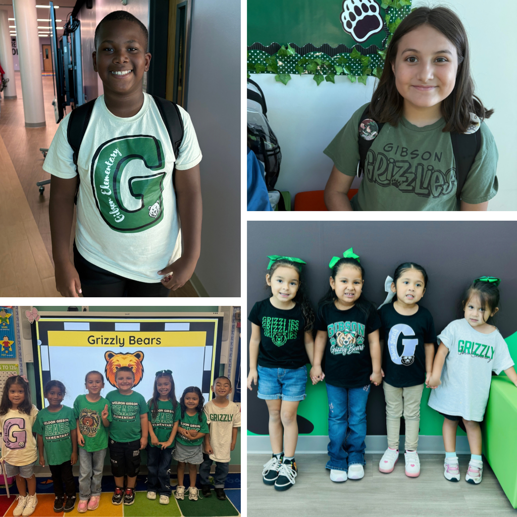 Collage of four photos showing children in a school setting. One photo shows a young boy wearing a white shirt with a green letter G.