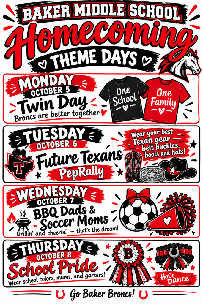 Poster with a schedule for Baker Middle School Homecoming Theme Days. It includes Twin Day, Future Texans, Pep Rally, BBQ Dads & Soccer Moms, and School Pride.