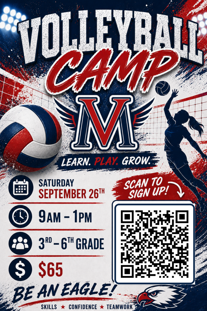 Poster with red and blue background. Text "Volleyball Camp" and "M" in white. Ball and player image. QR code for sign up. Date, time, and cost listed.