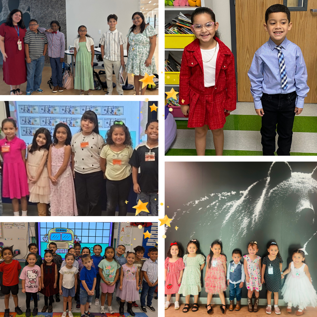 Four collages of students in various outfits. First, a group of children in a classroom. Second, two boys in formal wear. Third, a large group of children. Fourth, a small group of children.