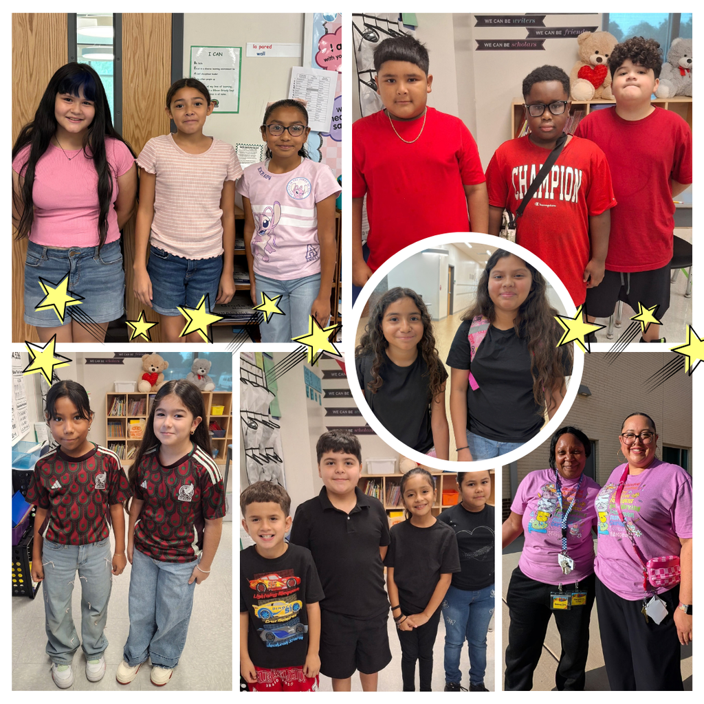 Collage of children in casual clothing standing together, one with a backpack, and two adults.