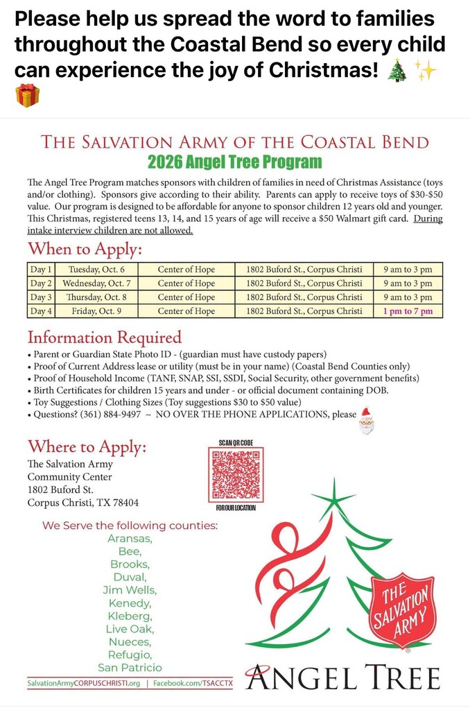 Document with text and logo. Background is plain white. Text details The Salvation Army Tree Program, including dates and locations.