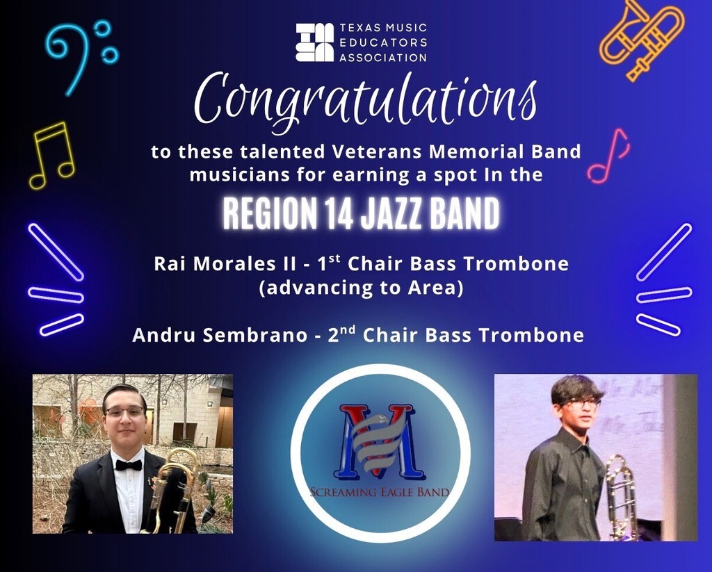 An announcement features two people holding musical instruments. The top text reads "Congratulations" and "REGION 14 JAZZ BAND."