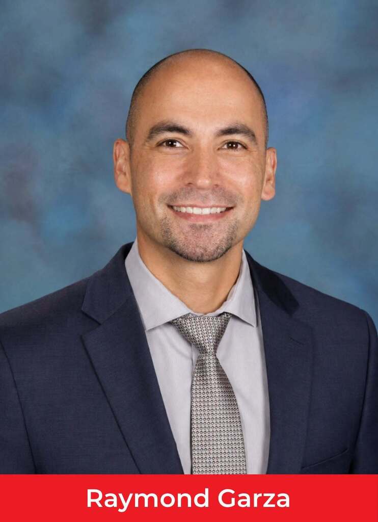 A man with a smile wearing a suit and tie. Name in lower center reads "Raymond Garza."