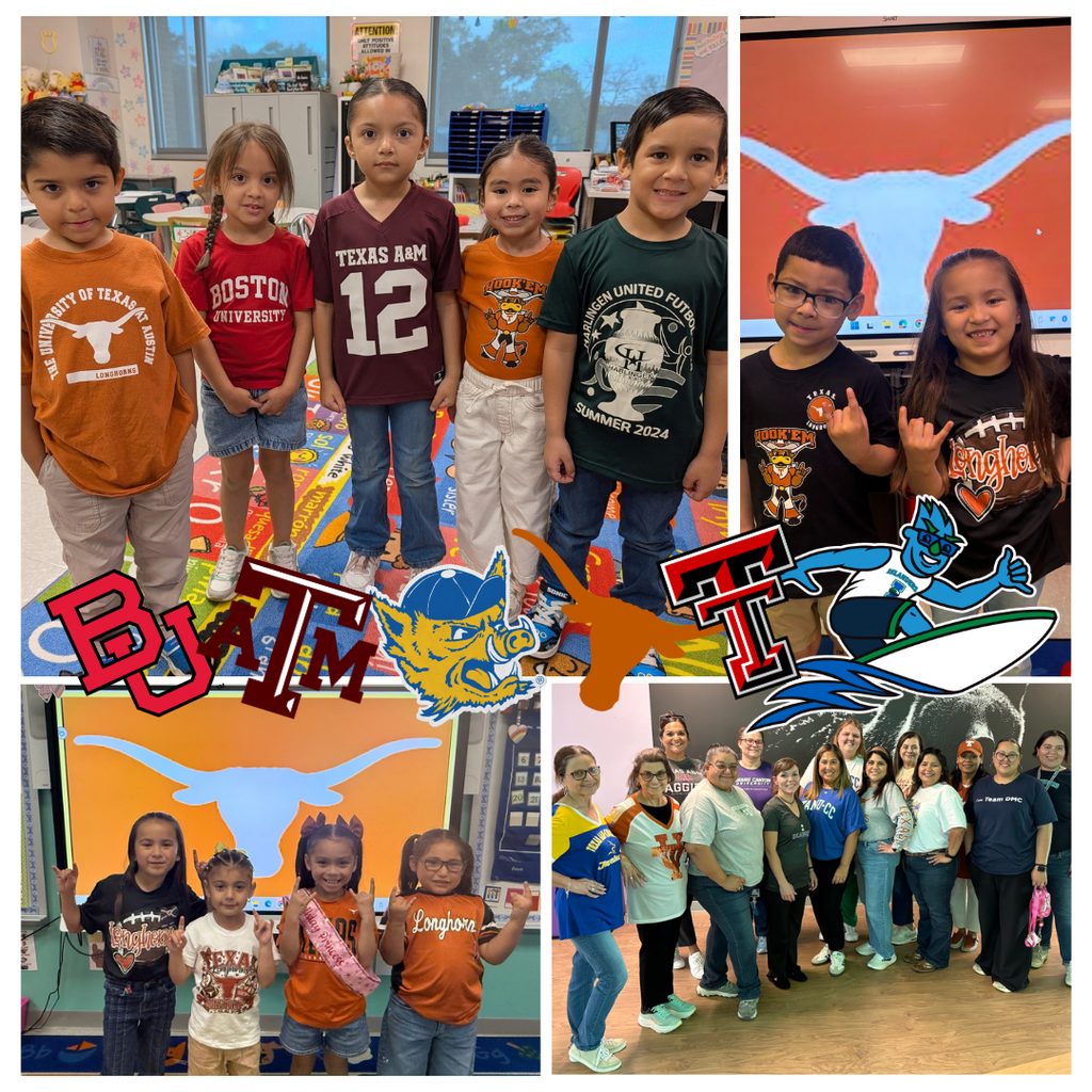 Collage of kids in orange and maroon shirts with team logos, some wearing glasses, in various poses. Background shows an orange wall with the word 'Texas'.