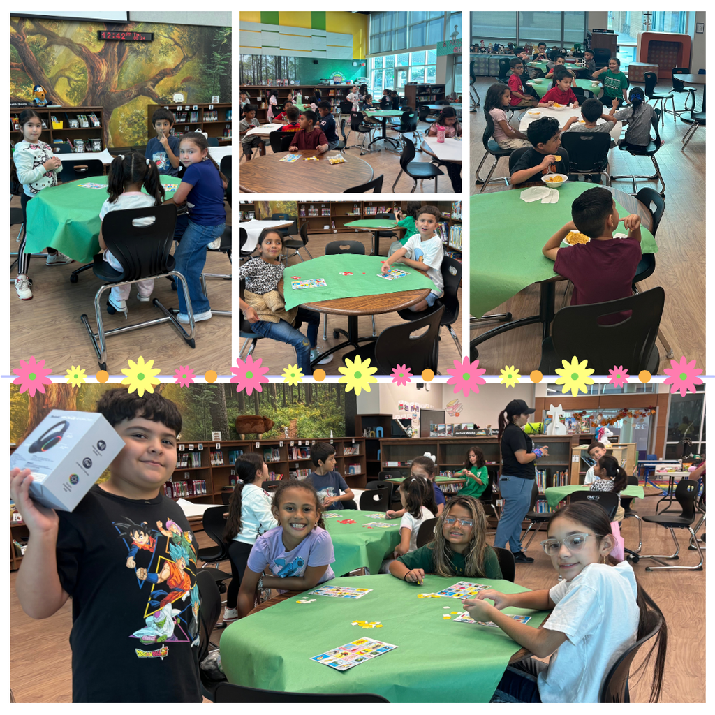 Multiple photos show children seated at tables with green cloths in a library. A boy holds a box.