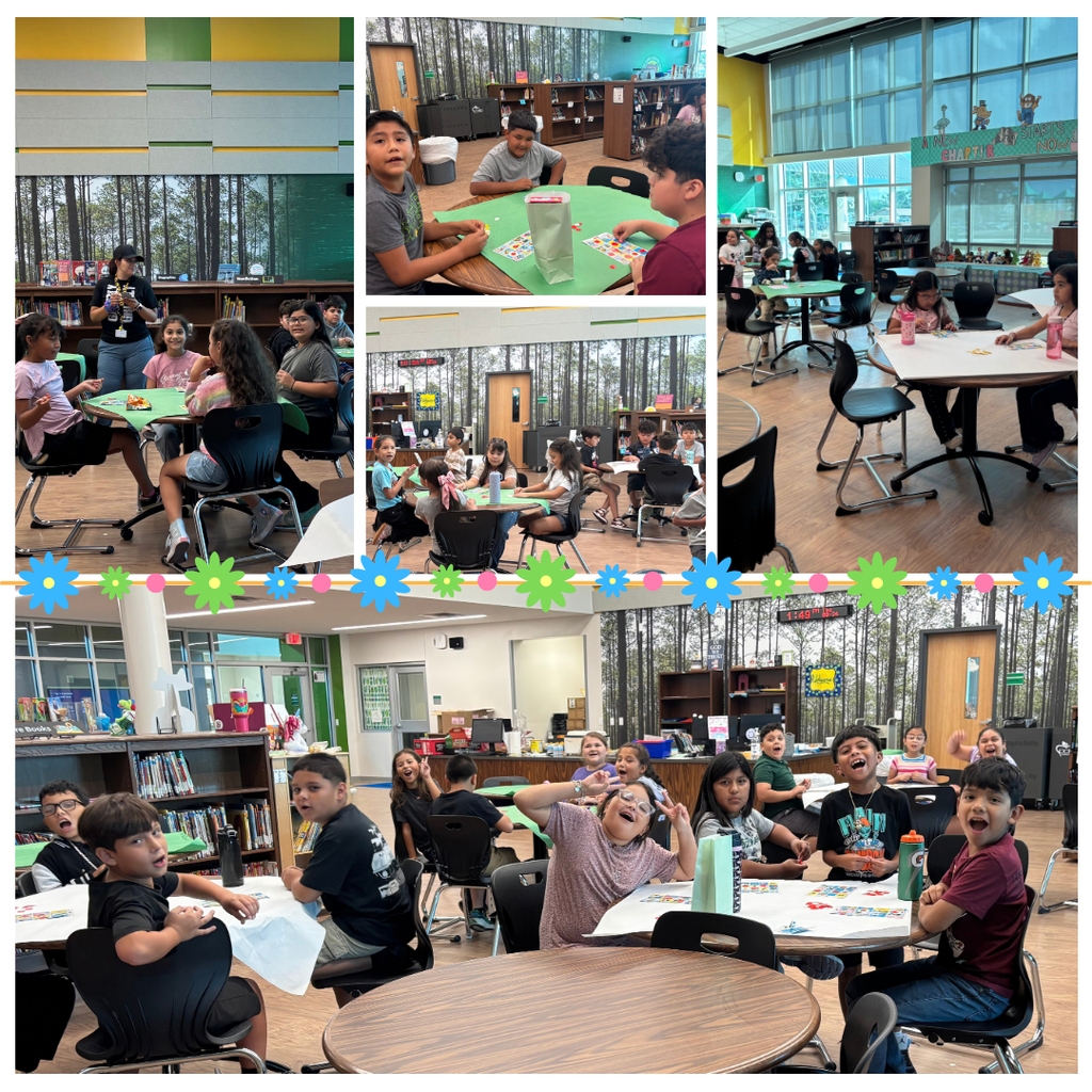 Multiple photos show children seated at tables in a library, a classroom, and a hallway. Each photo displays children engaged in activities.