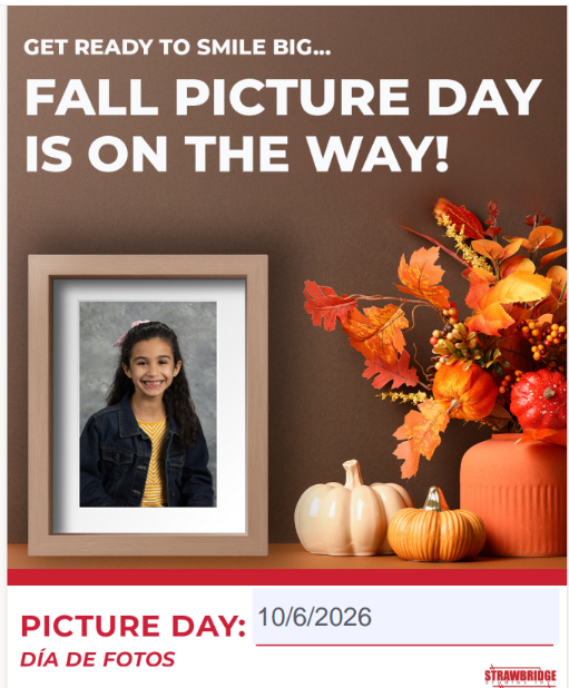 Brown background with a picture frame featuring a child in a denim jacket. Autumn decor with orange leaves, pumpkins, and a vase.