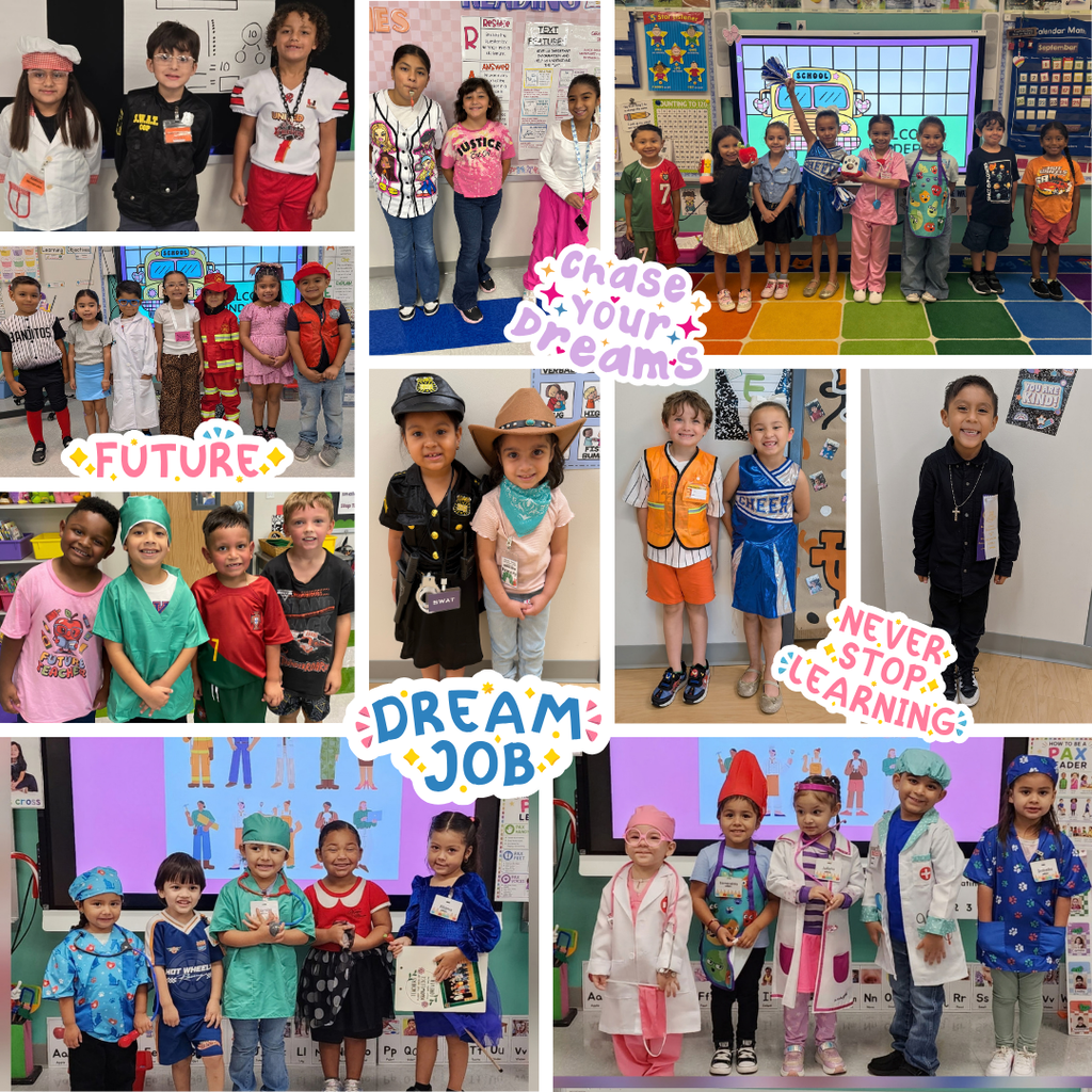 Collage of children in various costumes including doctors, firefighters, and police officers with text overlays.