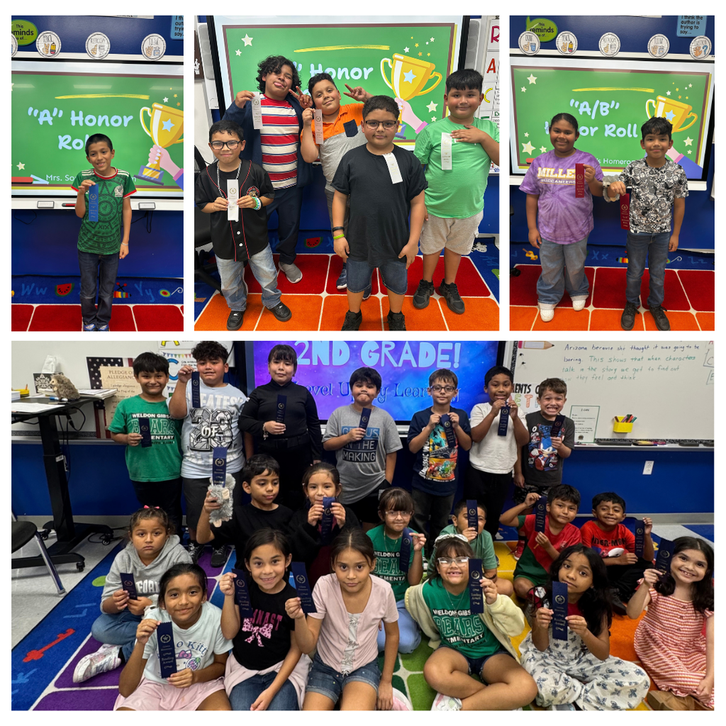 Collage of students holding certificates. Top row: boys standing, bottom row: girls sitting. Background: classroom with green and white banners.