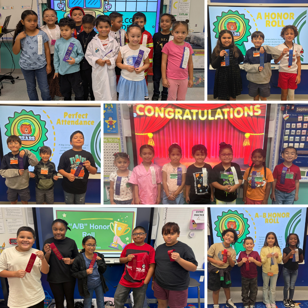 Groups of young students holding certificates. A banner in the background reads, "Congratulations." A banner on the right says, "A Honor Roll."