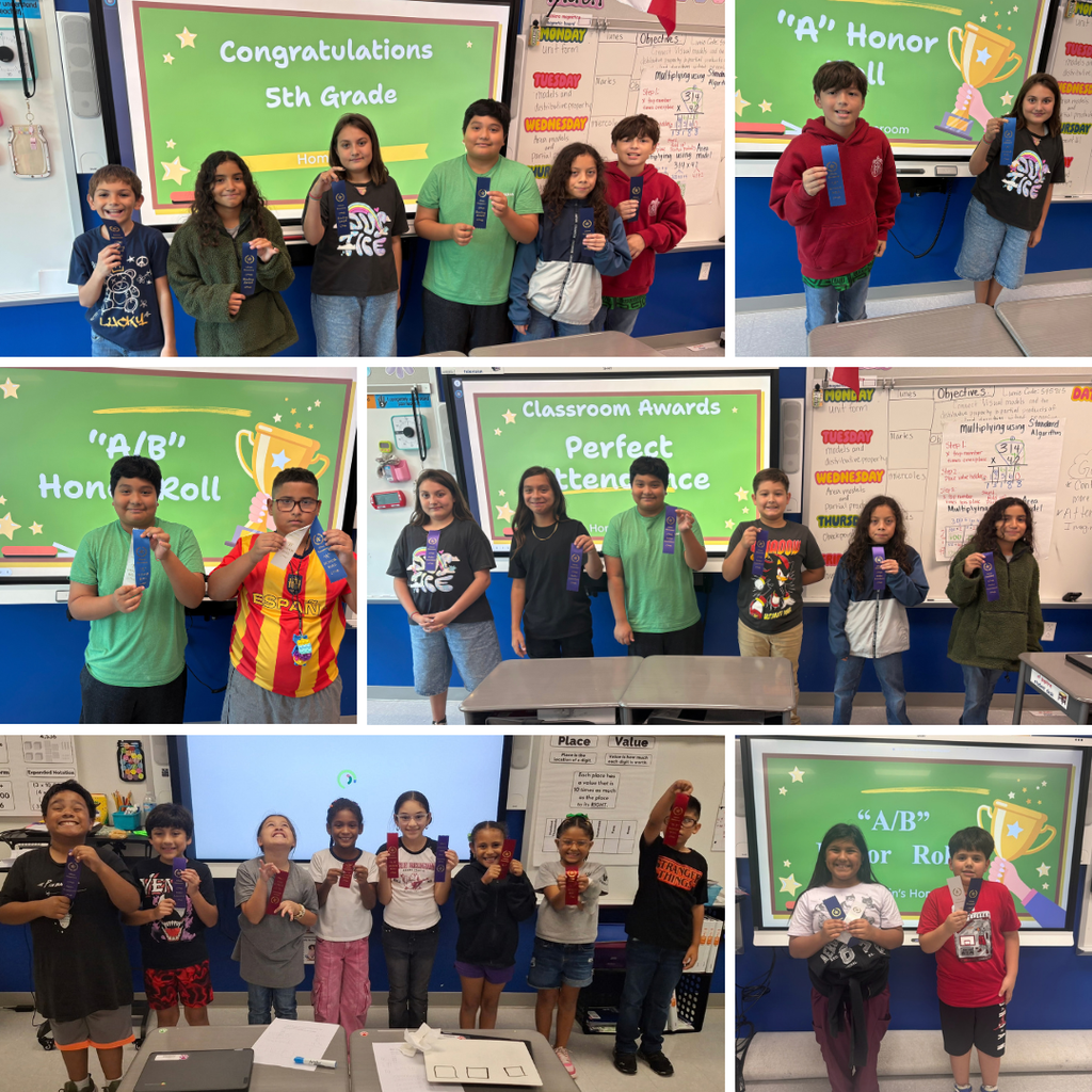 Multiple photos of students posing for the camera, holding awards and certificates, standing in a classroom.