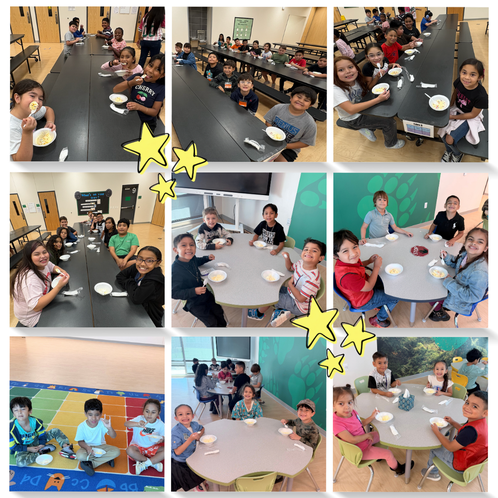 A collage of children sitting at tables in a dining area. Each photo shows children with plates, some with food.