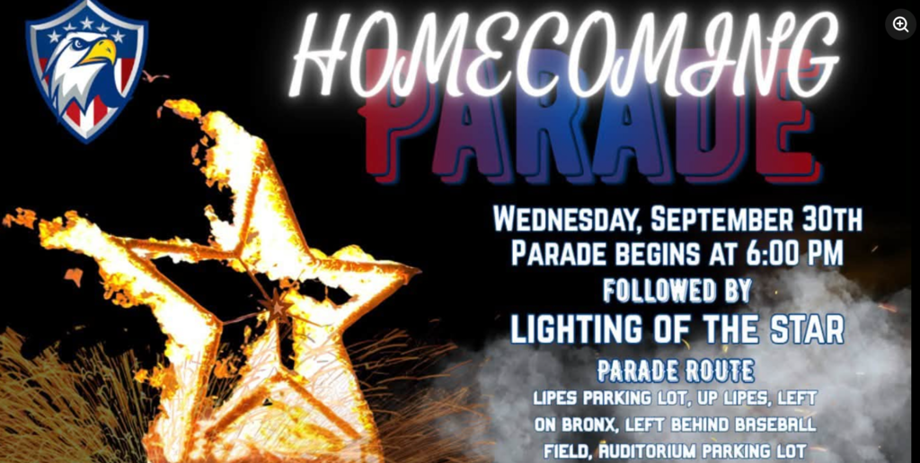 A poster with a burning star and smoke. It reads "Homecoming Parade" and gives details about the event.