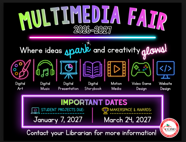 A vibrant poster advertises a multimedia fair with categories like digital art and music. Neon-colored icons illustrate each category.