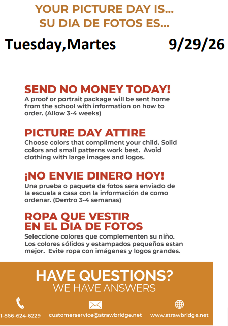 A flyer has text in English and Spanish. It includes a date, September 29, 2026, and instructions for ordering portrait packages.