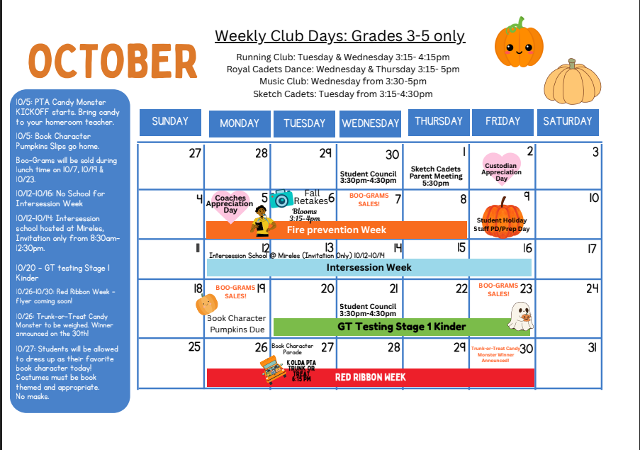 A monthly calendar for October displays days, weeks, and special events. Pumpkins are shown on specific days.