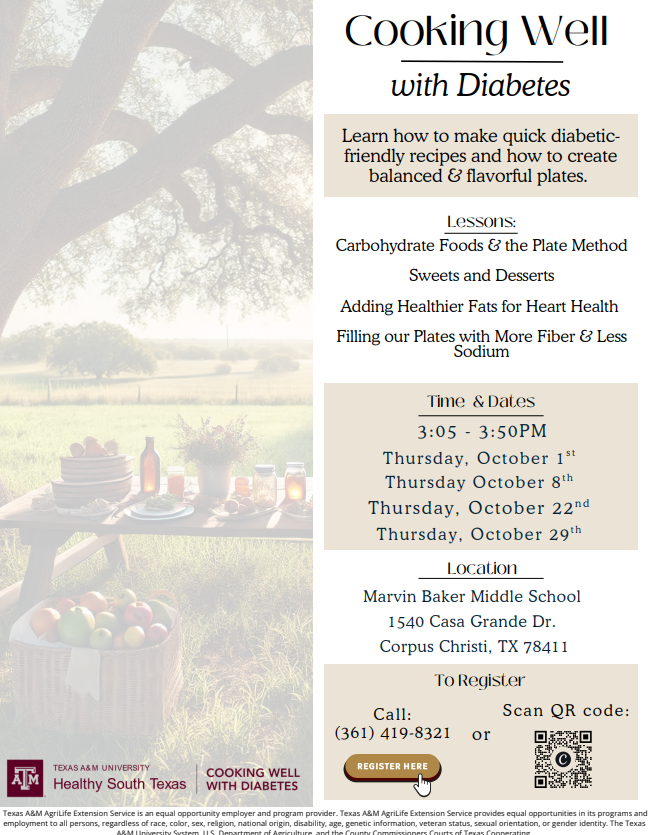 A flyer advertises a cooking class for individuals with diabetes. Classes occur at 3:05 PM on October 5, 12, 22, and 29.