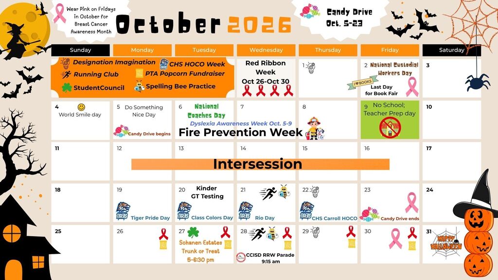Calendar page for October 2025. Events include Fire Prevention Week, Breast Cancer Awareness, and Halloween.
