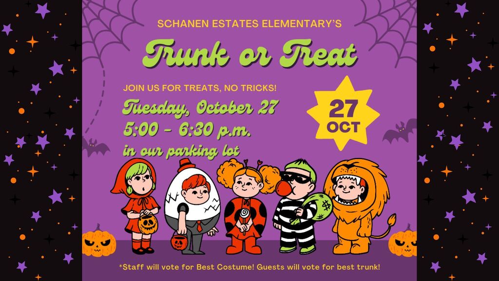 Invitation for a school event called Trunk or Treat on October 27, with children in Halloween costumes.