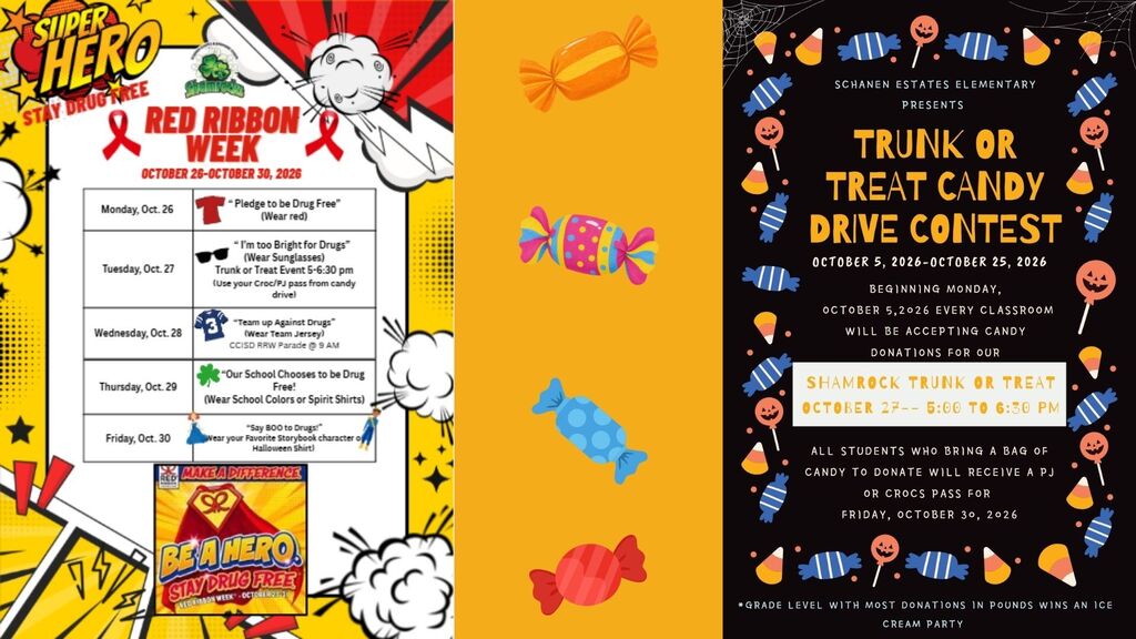 Two posters, one with a bold red ribbon and activities for Red Ribbon Week. The other has colorful candy and a contest.