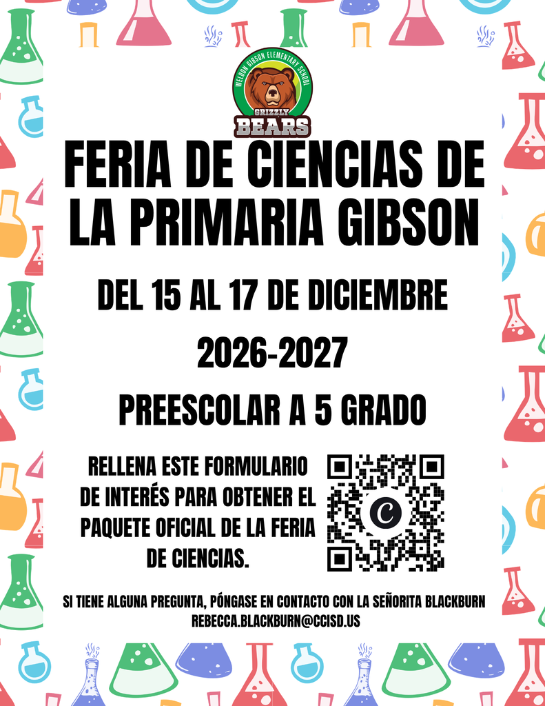 An event poster features colorful beakers. Text reads "Feria de Ciencias de la Primaria Gibson" and dates "Del 15 al 17 de diciembre 2026-2027". QR code available.