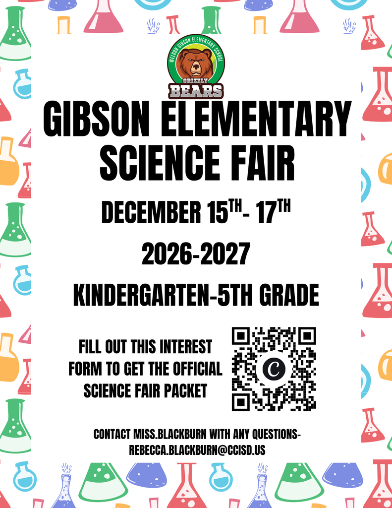 Gibson Elementary Science Fair for kindergarten to 5th grade, December 15-17, 2026-2027. QR code for interest form and contact details.