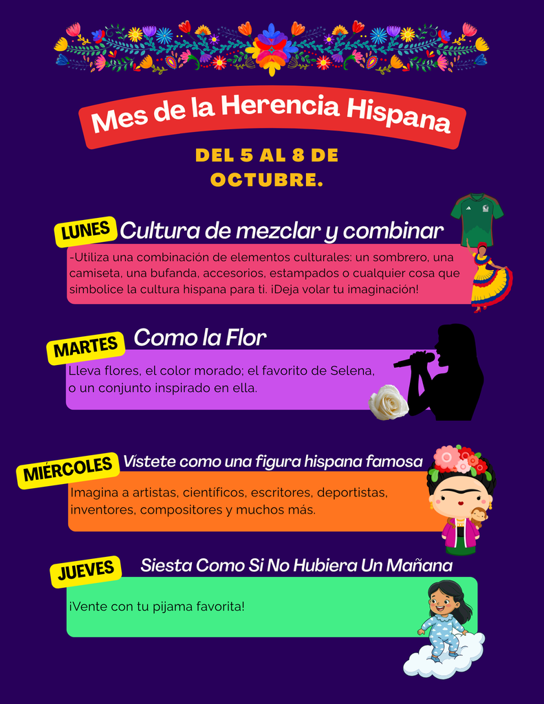 Purple background with "Mes de la Herencia Hispana" in white text. Dates, Spanish words, and illustrations of children.