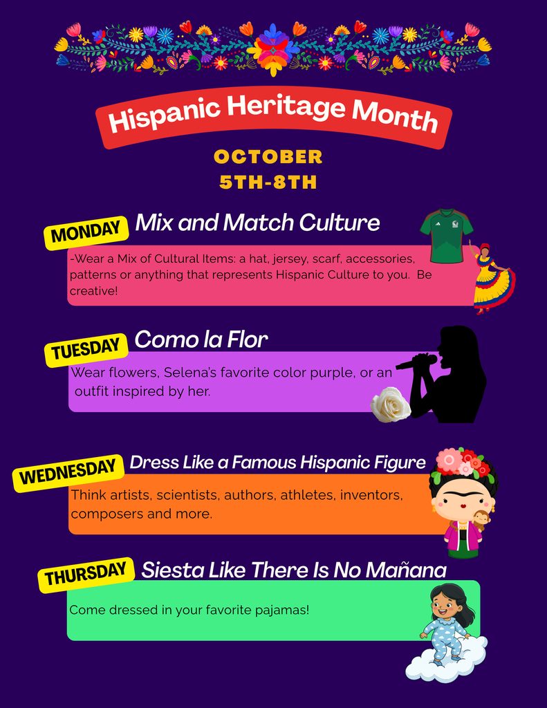 Purple background with Hispanic Heritage Month text. Four days highlighted in different colors, each with a different themed dress prompt.