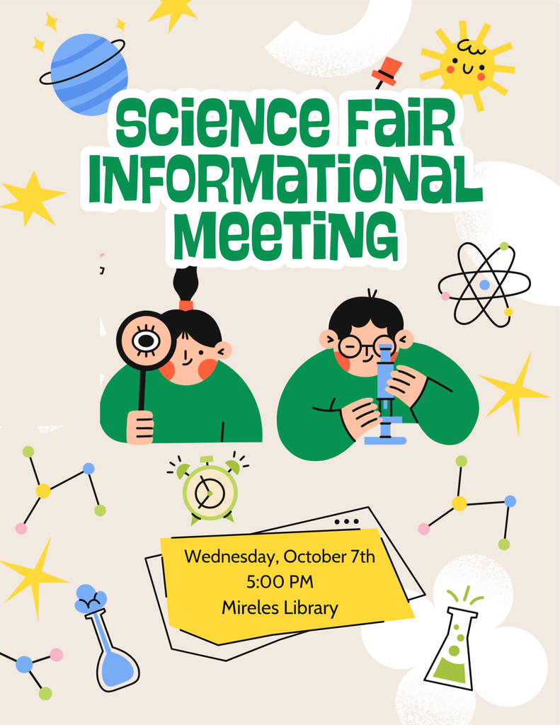 Science Fair informational meeting text on a background with illustrations of two children and science tools, a clock, and stars.