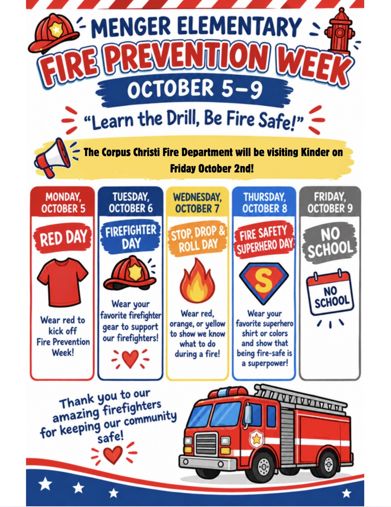 Fire Prevention Week poster with illustrations of a firefighter, fire, and fire truck. Week activities: Red Day, Firefighter Day, Stop Drop & Roll, Fire Safety, No School.