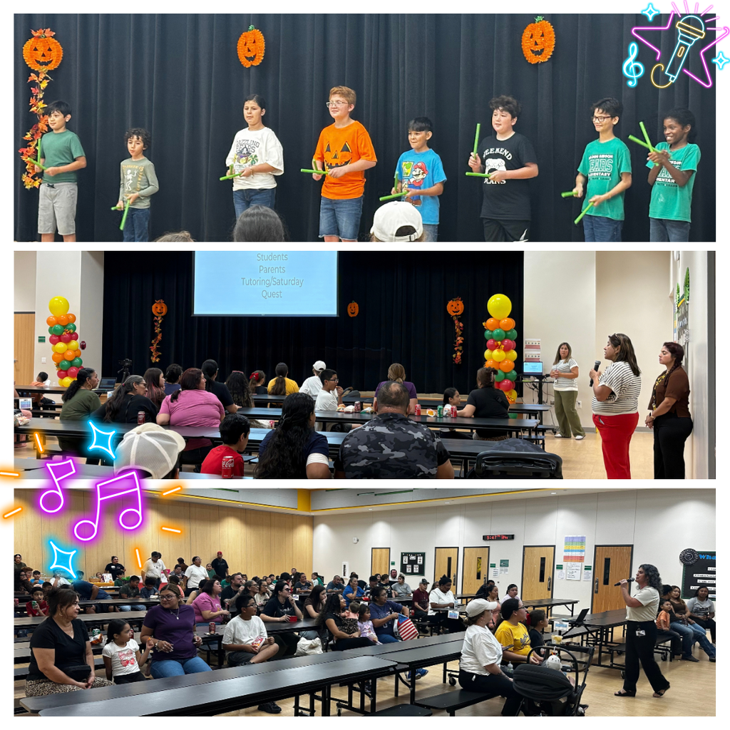 Three photos show students performing on a stage and an audience attending an event in a room.