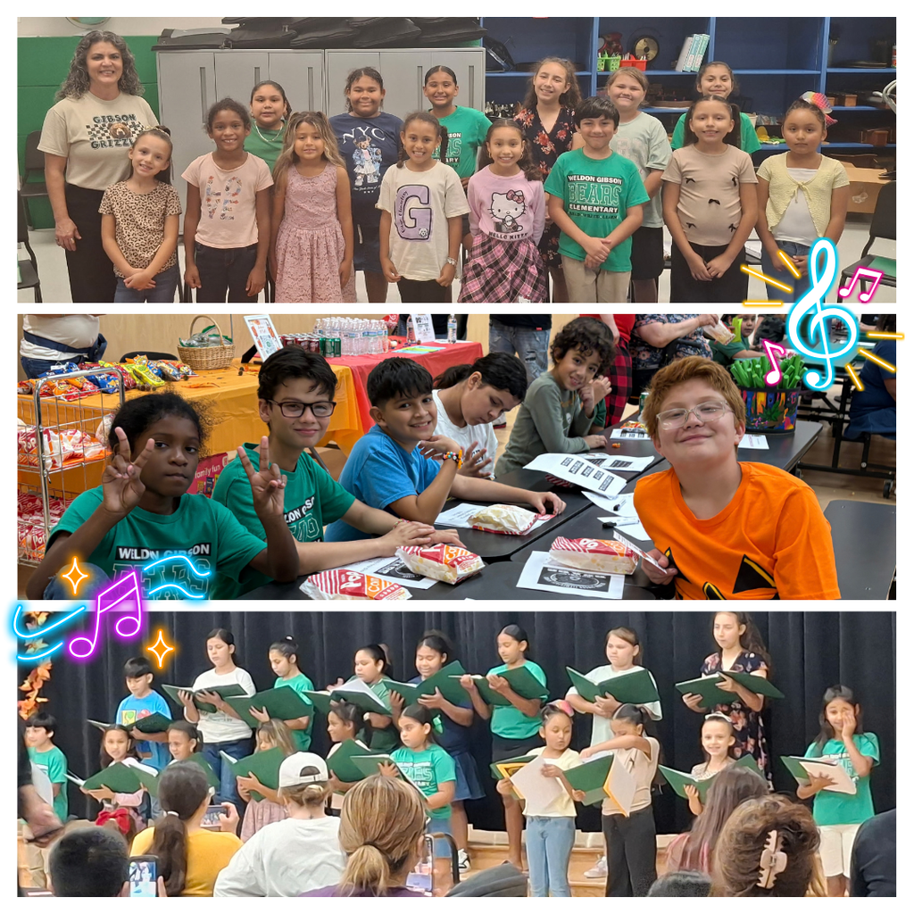 Three photos of children: one in a classroom, one at a table, and one singing.
