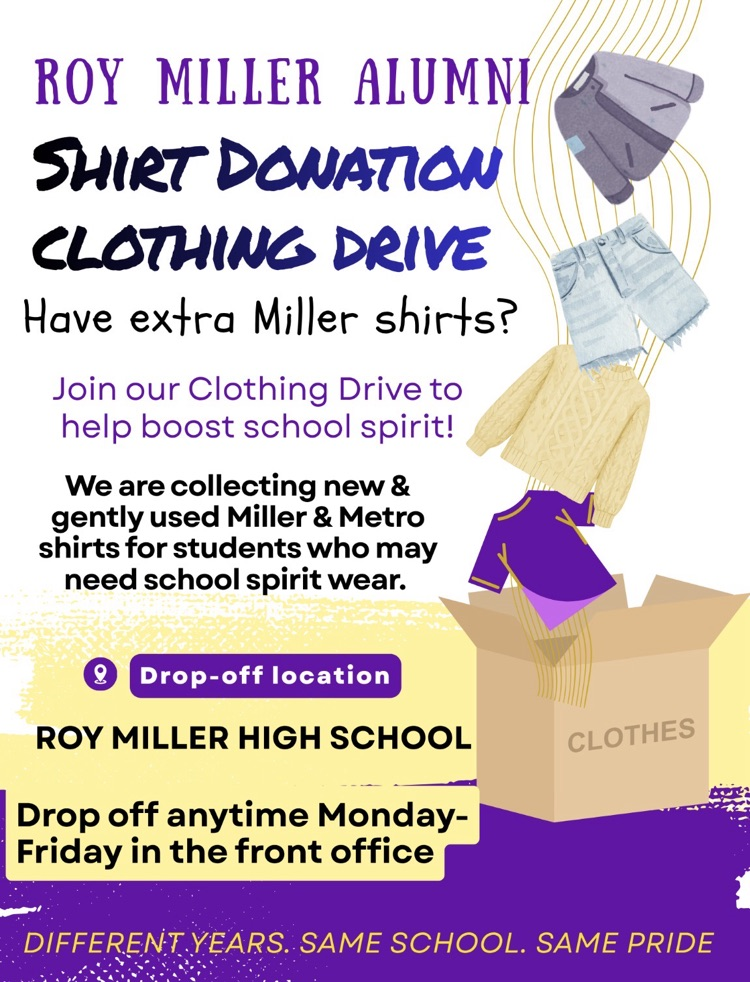 Flyer with clothing images seeking donations of school shirts and gently used clothing to support students.