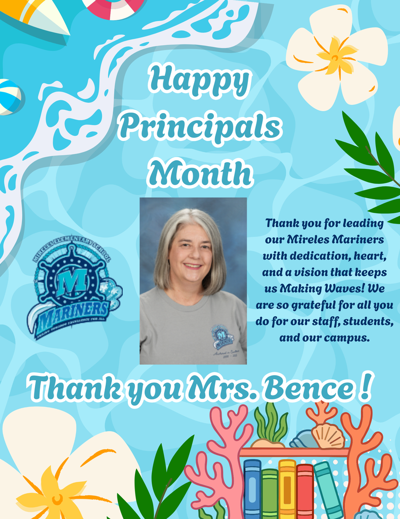 Poster with blue background. "Happy Principals Month" in bold text above a picture of a woman. Coral reef and white flowers around text.