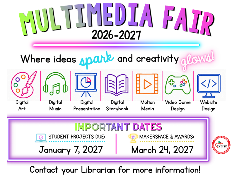 An advertisement for the Multimedia Fair 2026-2027. Icons of art, music, presentations, and video games. Due dates and contact information included.