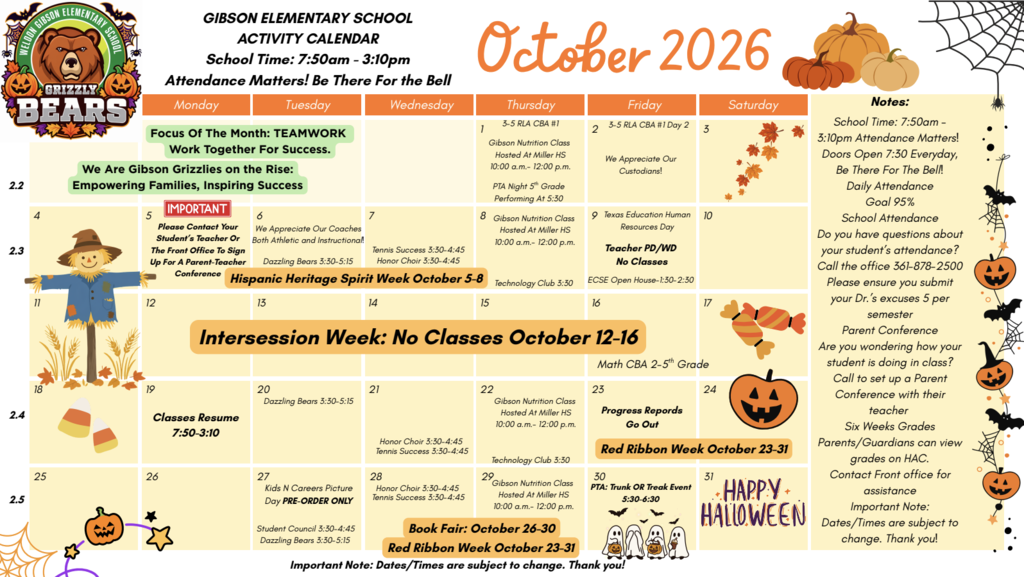 Calendar for October 2026 with pumpkins, a scarecrow, and Halloween text. The page has various events and holidays marked.
