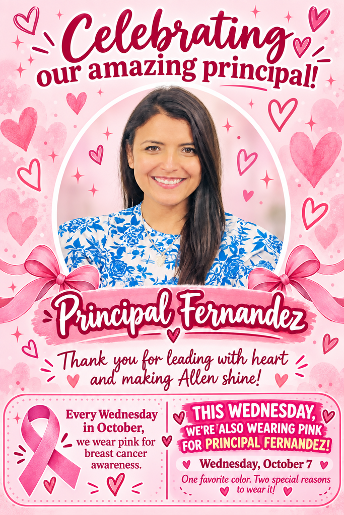 Poster with pink heart shapes. A smiling woman in blue is highlighted in a white circle. Text reads, "Celebrating our amazing principal!"
