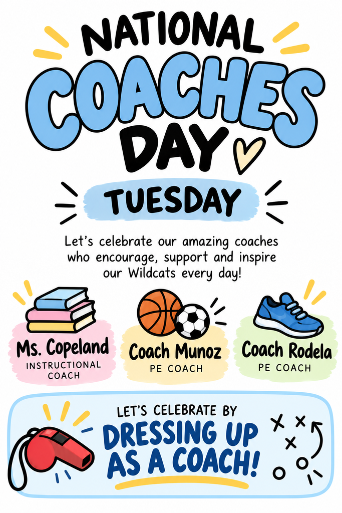 Poster with blue text and colorful icons celebrating National Coaches Day. It features names and roles of coaches, along with sports icons.