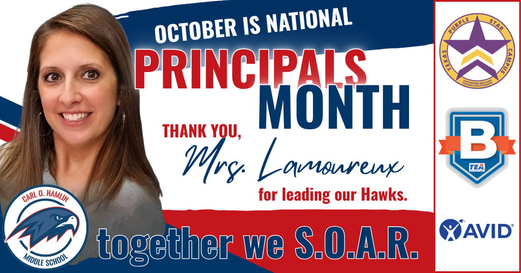 Poster with a photo of a smiling woman, Mrs. Lamoureaux, and a message thanking her for leadership. Text reads "OCTOBER IS NATIONAL PRINCIPALS MONTH" and "TOGETHER WE SOAR".