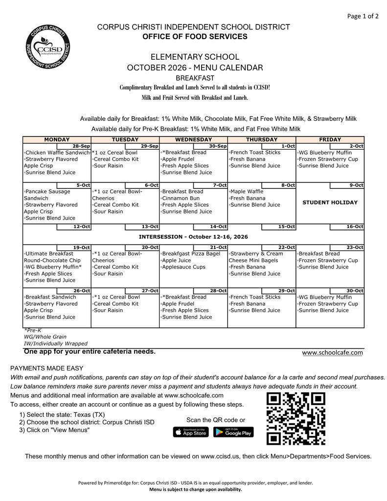 October Breakfast Menu