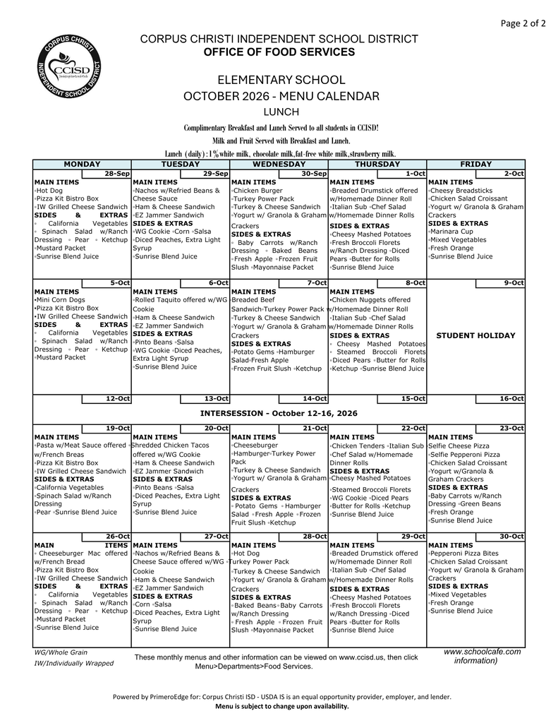 October Lunch Menu