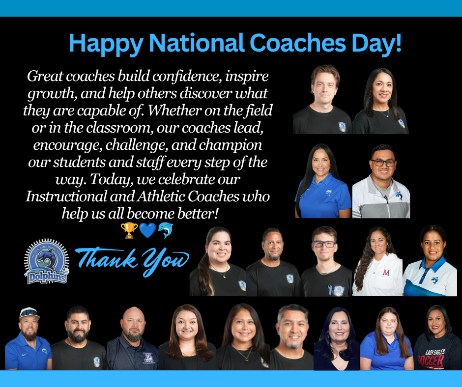 Black background with blue border. Text reads "Happy National Coaches Day!" Collage of coaches with "Thank You" text.