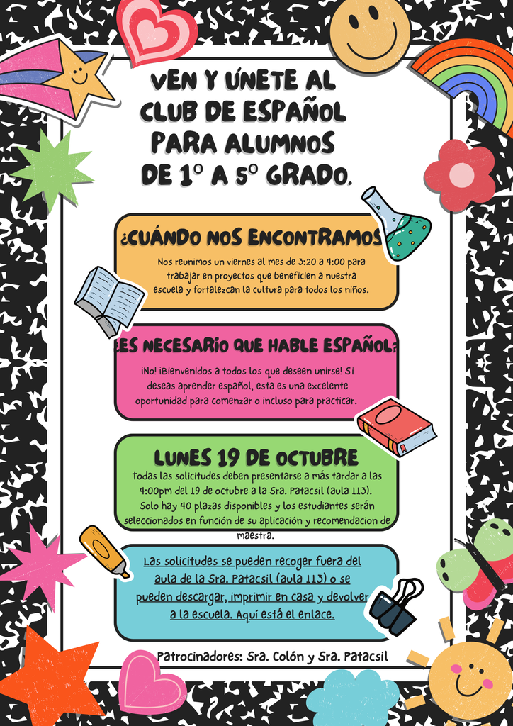 An informational poster with a black-and-white background featuring Spanish text, a rainbow, stars, hearts, books, and other colorful elements.