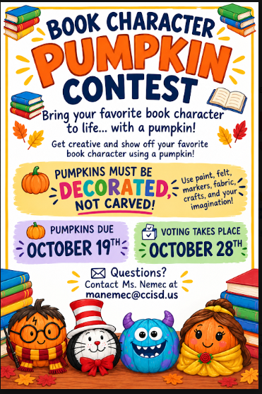 Poster with colorful text. Pumpkins must be decorated, not carved. Books, characters, pumpkins, and text are shown. Deadlines are listed.